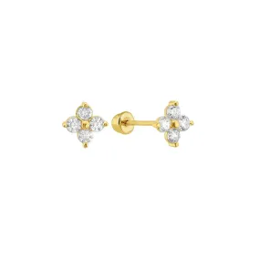 14E00315. - 14 Karat Yellow Gold 4 CZ Flower Screw Back Stud Earring