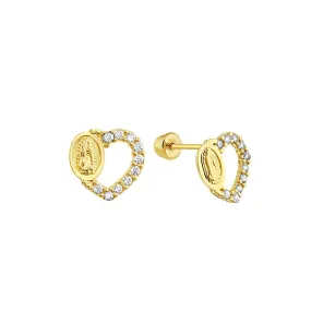 14E00323. - 14 Karat Yellow Gold Open Heart CZ Guadalupe Screw Back Stud Earring