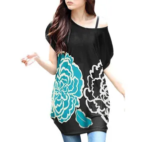 Allegra K Women Loose Fit Short Batwing Sleeve Flower Pattern Tunic Shirt