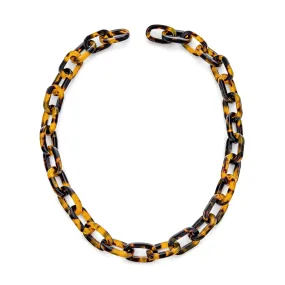 Brown Oval Faux Tortoise Link Necklace Toggle Gold Stainless Steel