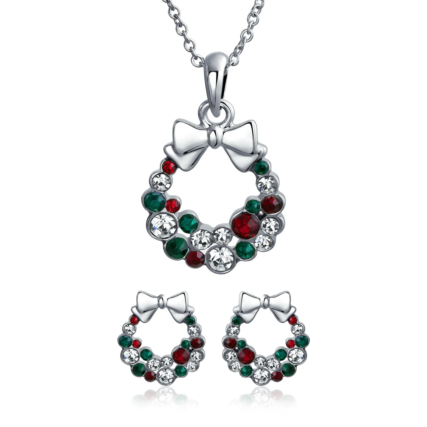 Christmas Jewelry Set Bow Red Green White Crystal Wreath Stud Earrings Pendant