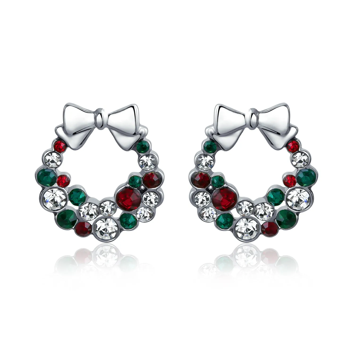 Christmas Jewelry Set Bow Red Green White Crystal Wreath Stud Earrings Pendant