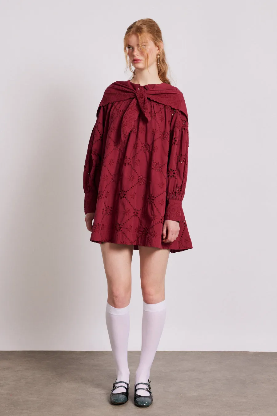 clementine embroidered collared mini dress - burgundy