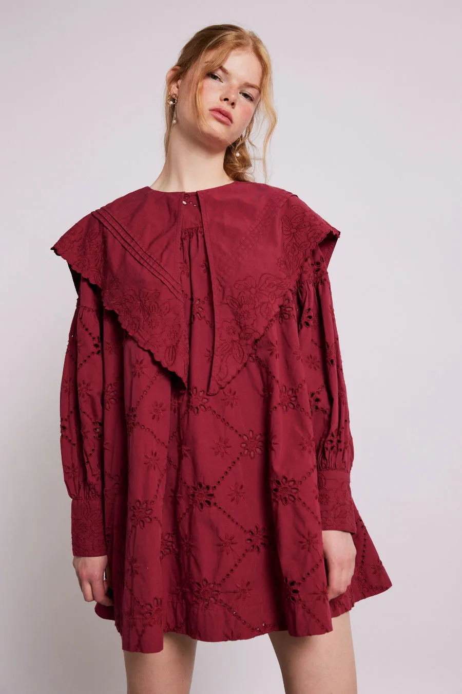 clementine embroidered collared mini dress - burgundy