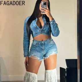 FAGADOER Retro FRhinestone Denim Two Piece