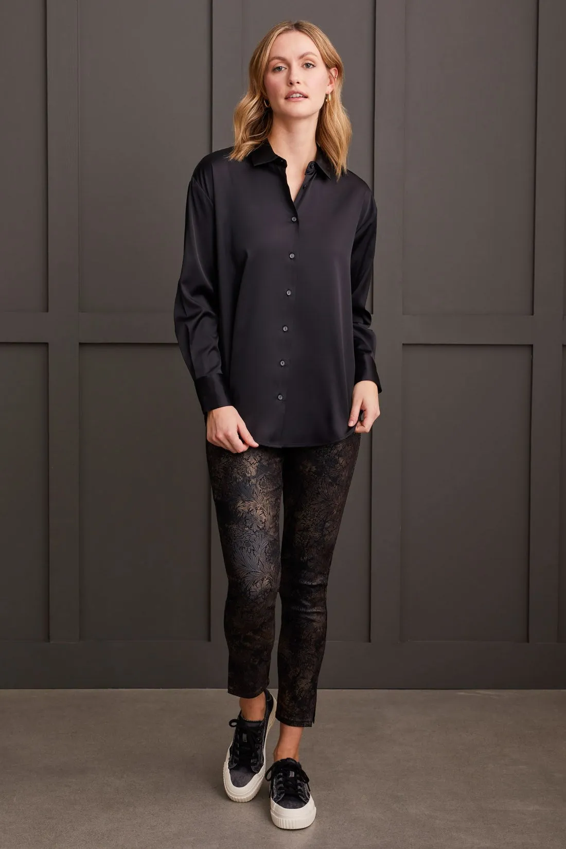 FLOWY SATIN BUTTON-UP SHIRT-Black