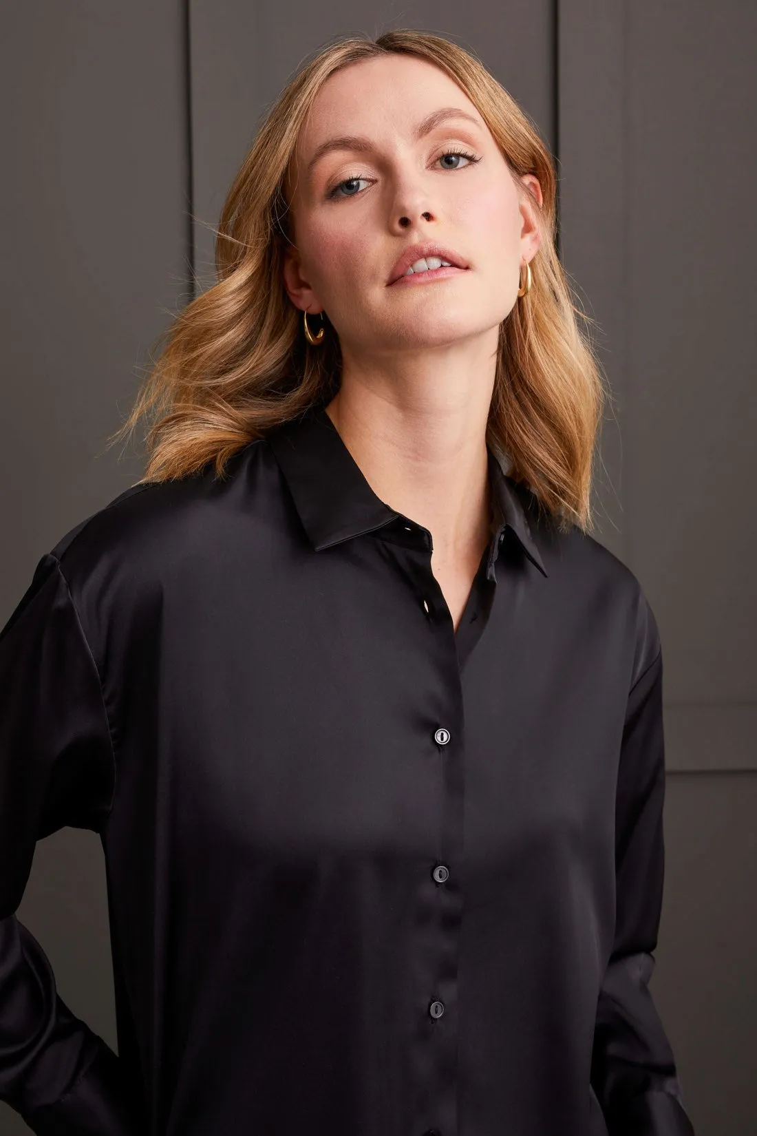 FLOWY SATIN BUTTON-UP SHIRT-Black