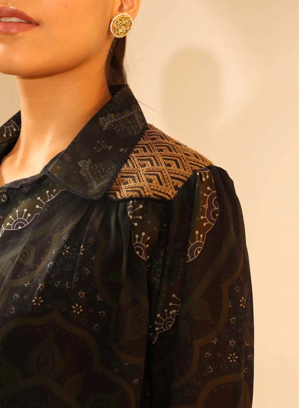 Green Chiffon Shirt with Zari Embroidery