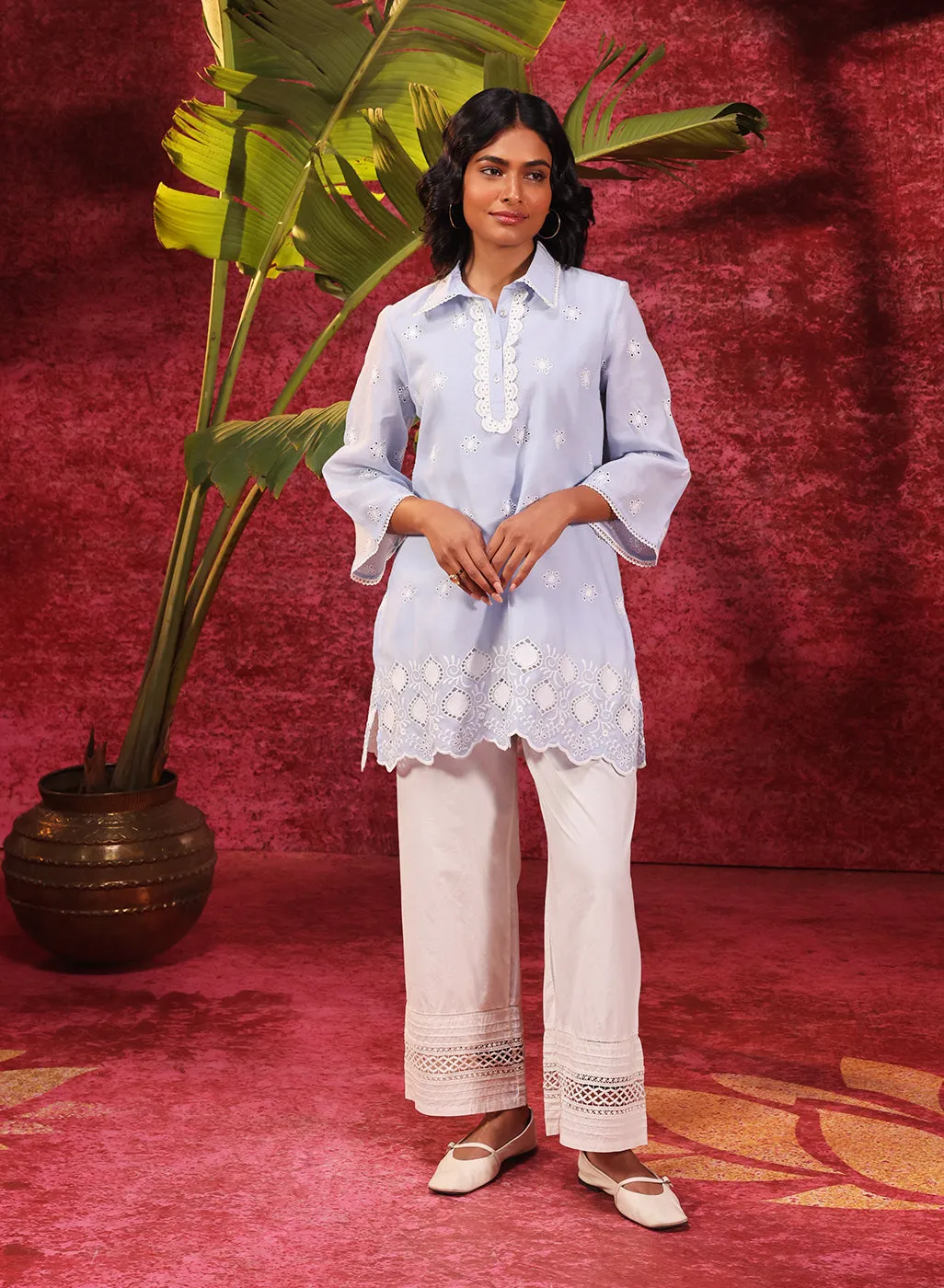 Kashni Blue Embroidered Schiffli Top for
Women