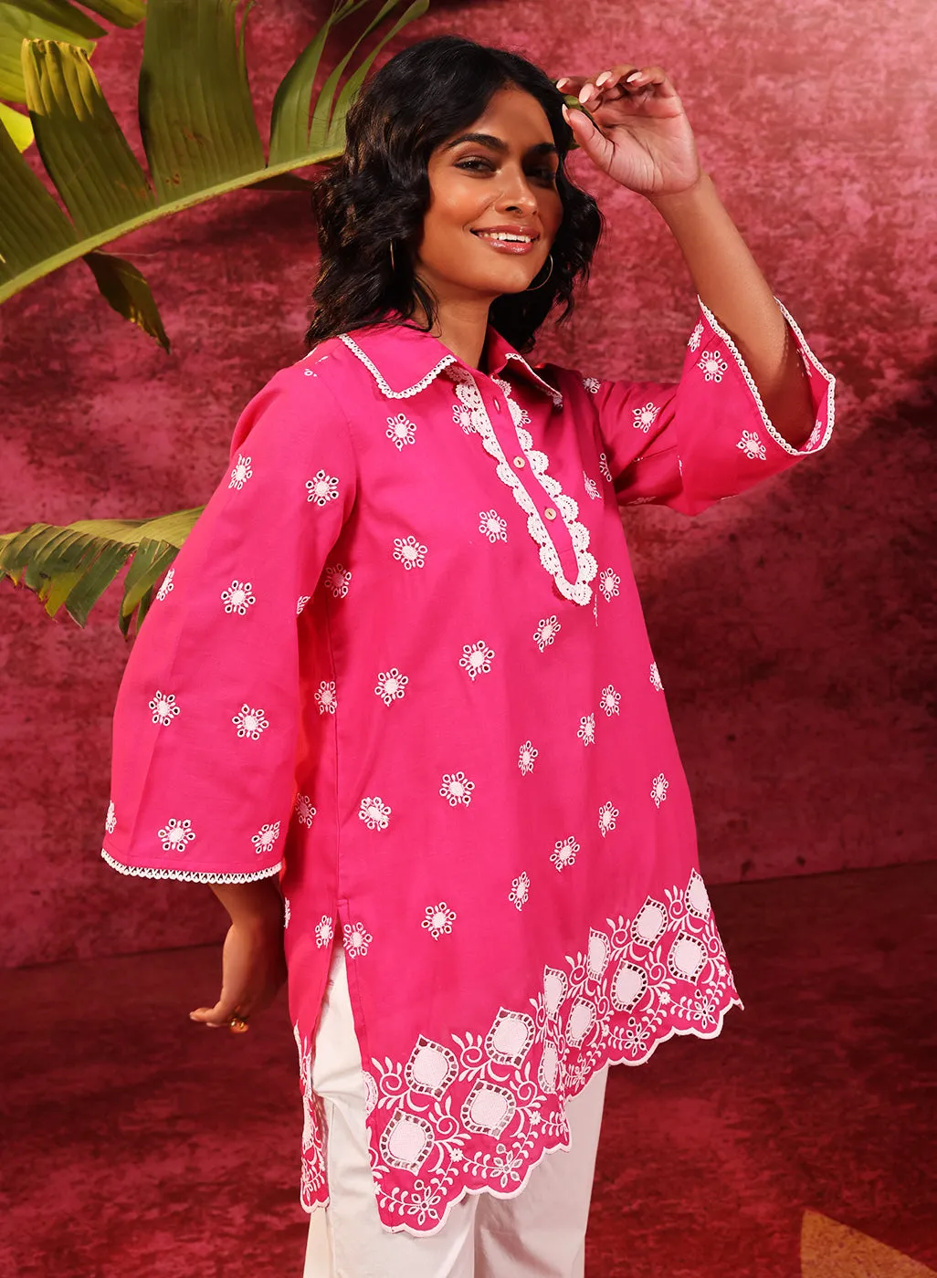 Kashni Fuchsia Embroidered Schiffli Top for
Women