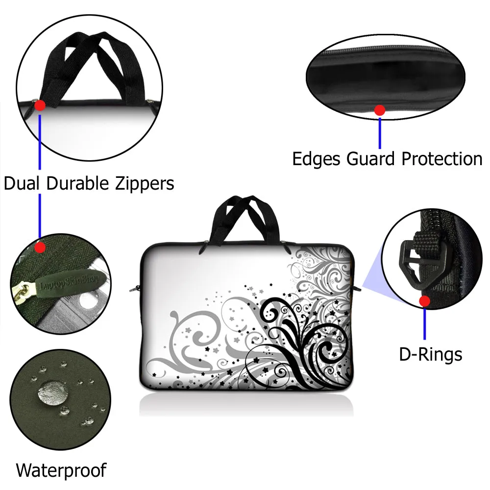 Laptop Notebook Sleeve Carrying Case with Carry Handle – Grey Swirl Black & White Floral