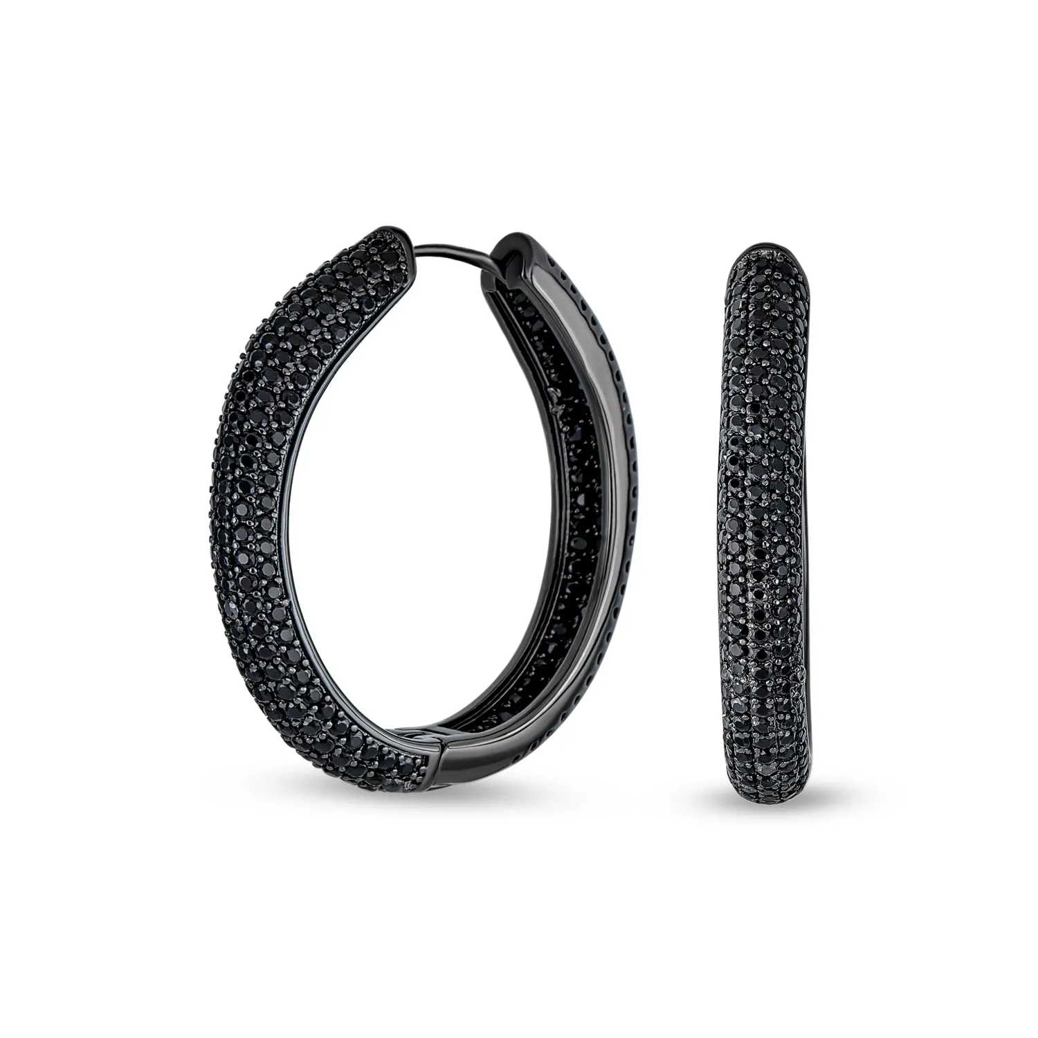 Large Black Pave CZ Oval Inside Out Hoops Earrings Prom Black Plated