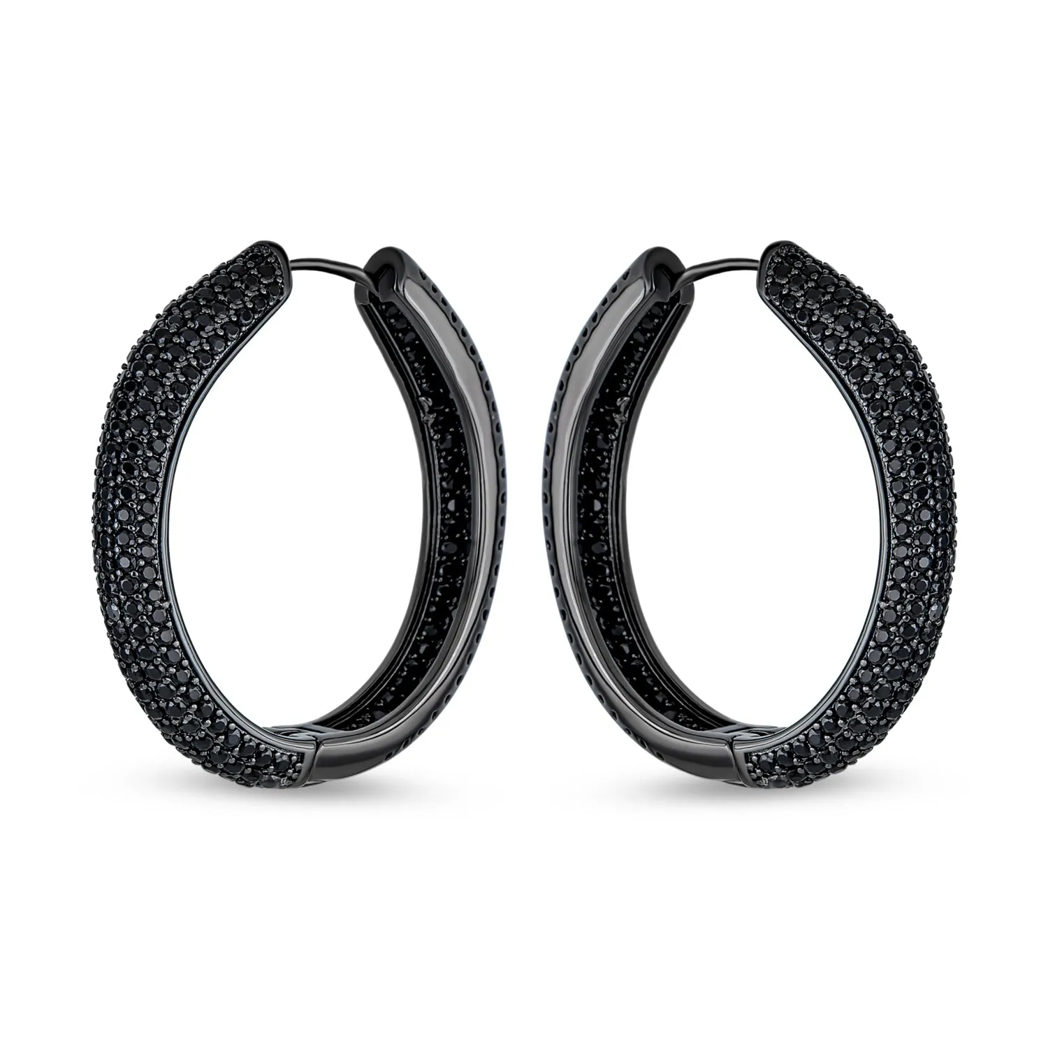 Large Black Pave CZ Oval Inside Out Hoops Earrings Prom Black Plated