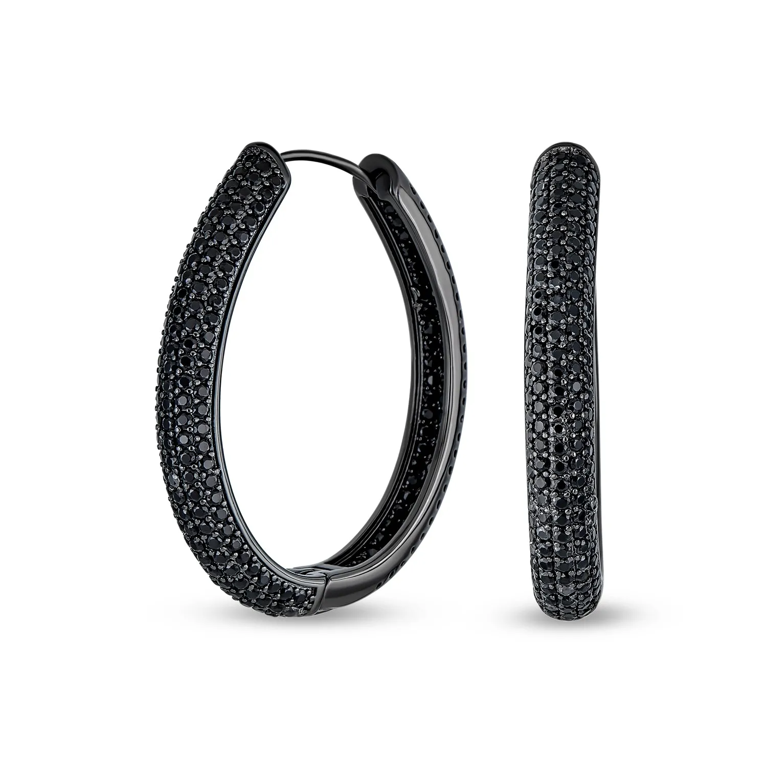 Large Black Pave CZ Oval Inside Out Hoops Earrings Prom Black Plated