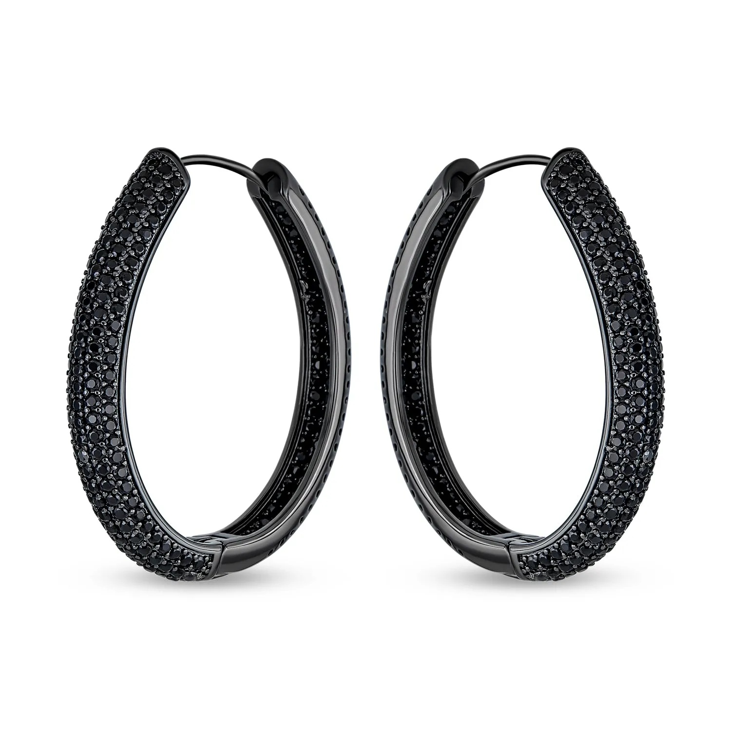 Large Black Pave CZ Oval Inside Out Hoops Earrings Prom Black Plated