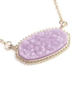 Large Lavender Gold Short Druzy Oval Pendant Necklace & Stud Earrings Set