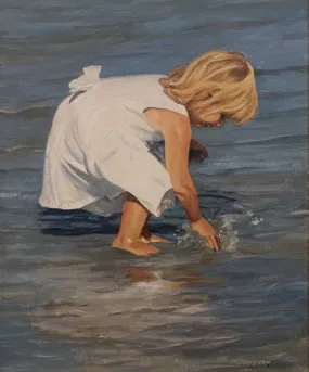 LITTLE GIRL IN WHITE DRESS By David Schock - Figurative Painting of a Little Girl Playing on the Beach