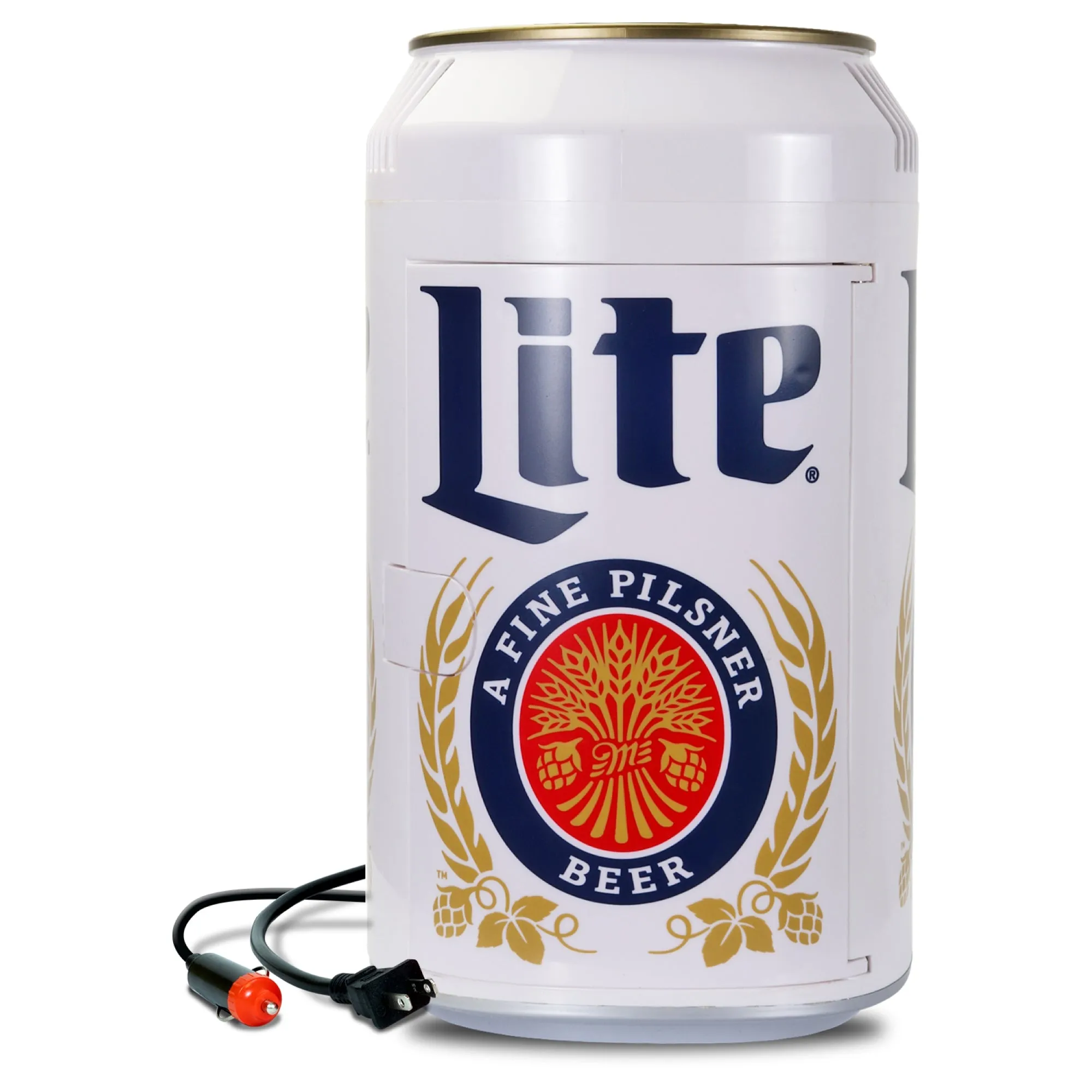 Miller Lite 8 Can Portable Mini Fridge w/ 12V DC and 110V AC Cords, 5.4L (5.7 qt) Beer Can Shaped Personal Cooler, White, Travel Fridge for Beer, Snacks, Lunch, Drinks, Home, Office, Bar, Dorm, RV