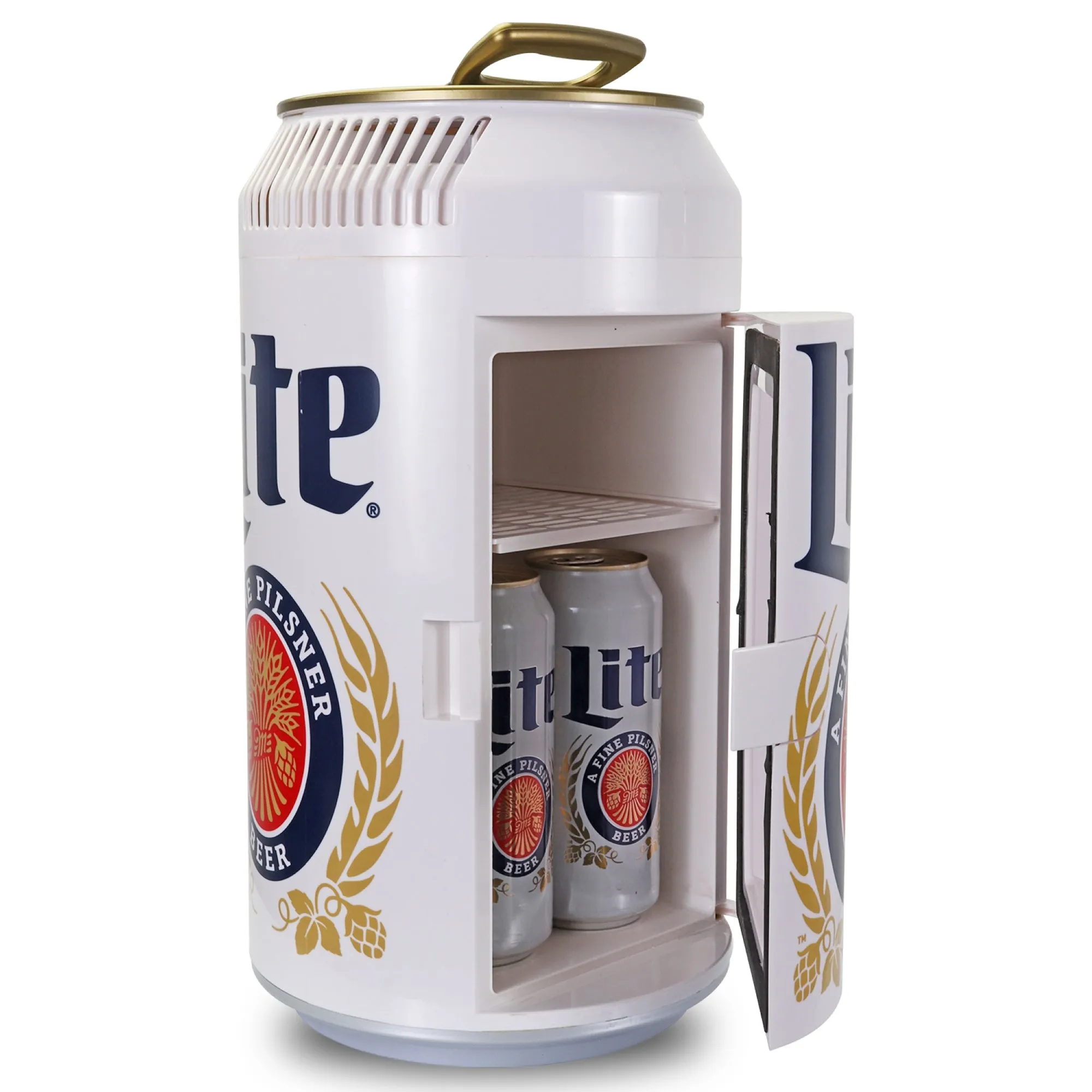 Miller Lite 8 Can Portable Mini Fridge w/ 12V DC and 110V AC Cords, 5.4L (5.7 qt) Beer Can Shaped Personal Cooler, White, Travel Fridge for Beer, Snacks, Lunch, Drinks, Home, Office, Bar, Dorm, RV