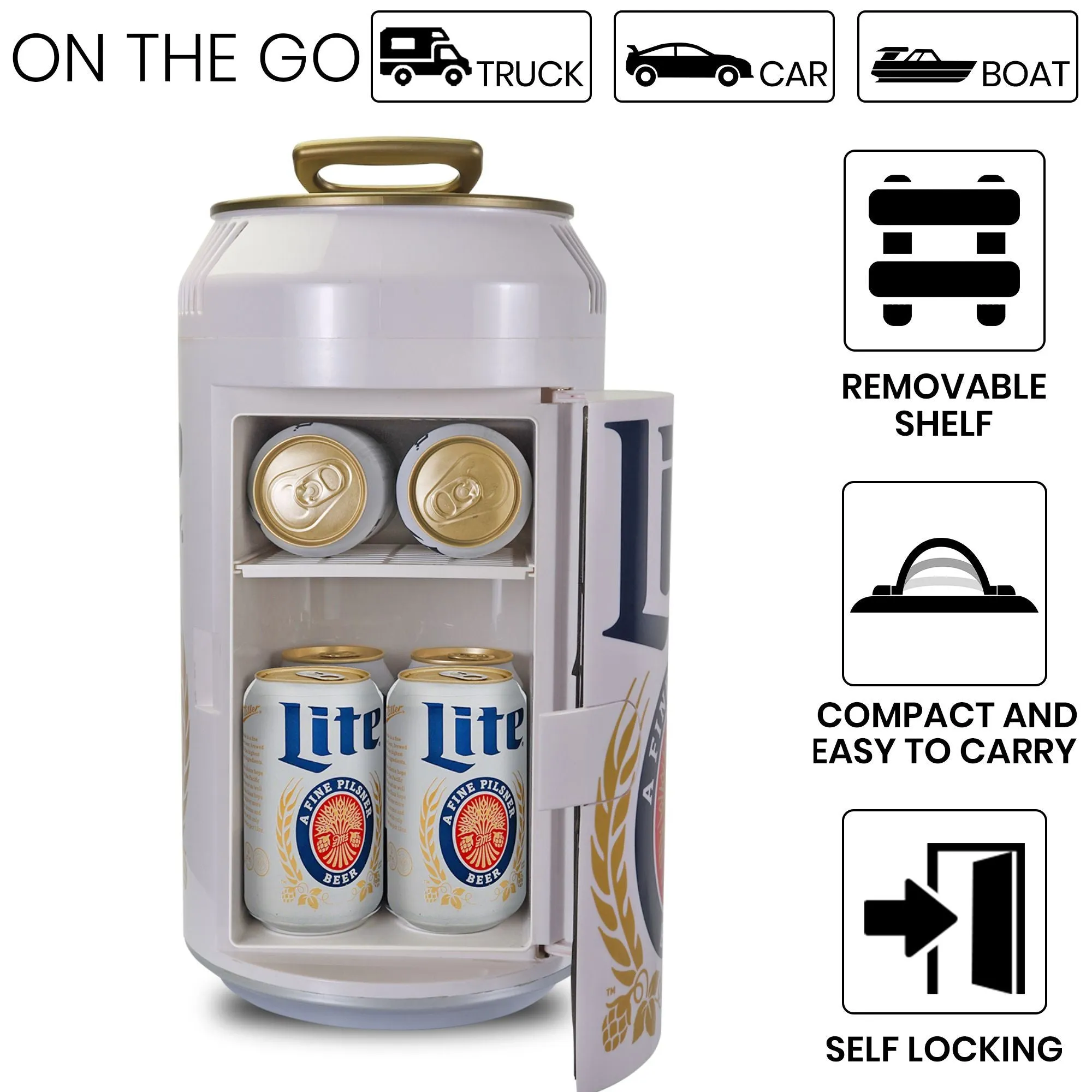 Miller Lite 8 Can Portable Mini Fridge w/ 12V DC and 110V AC Cords, 5.4L (5.7 qt) Beer Can Shaped Personal Cooler, White, Travel Fridge for Beer, Snacks, Lunch, Drinks, Home, Office, Bar, Dorm, RV