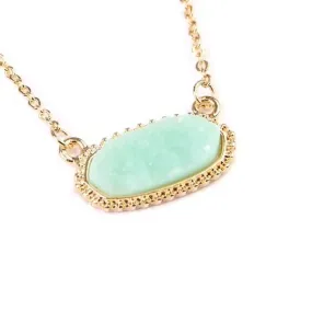 Mint Green Gold Short Druzy Oval Pendant Necklace & Stud Earrings Set