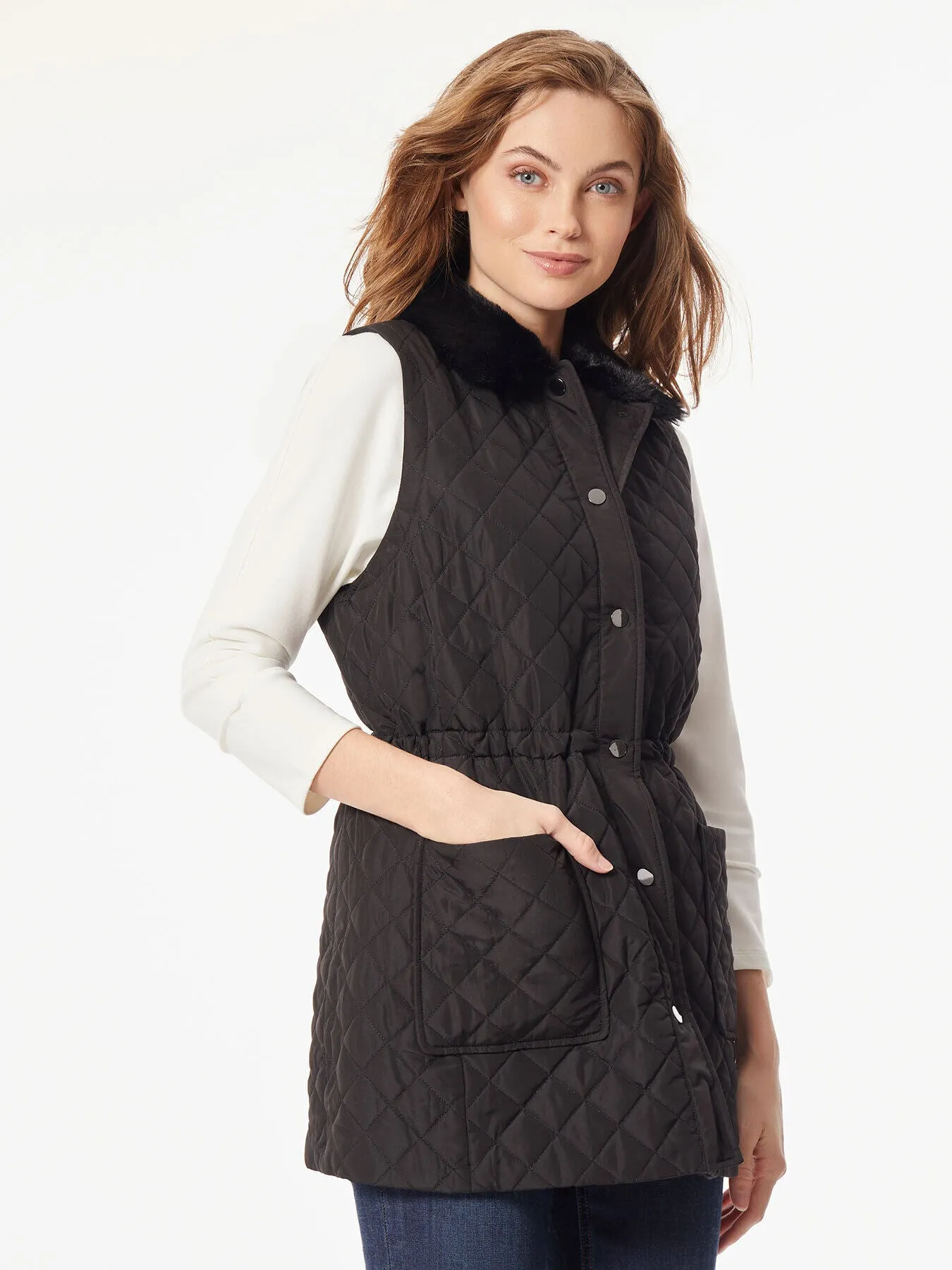 Plus Size Snap Front Quilted Fur Collar Vest