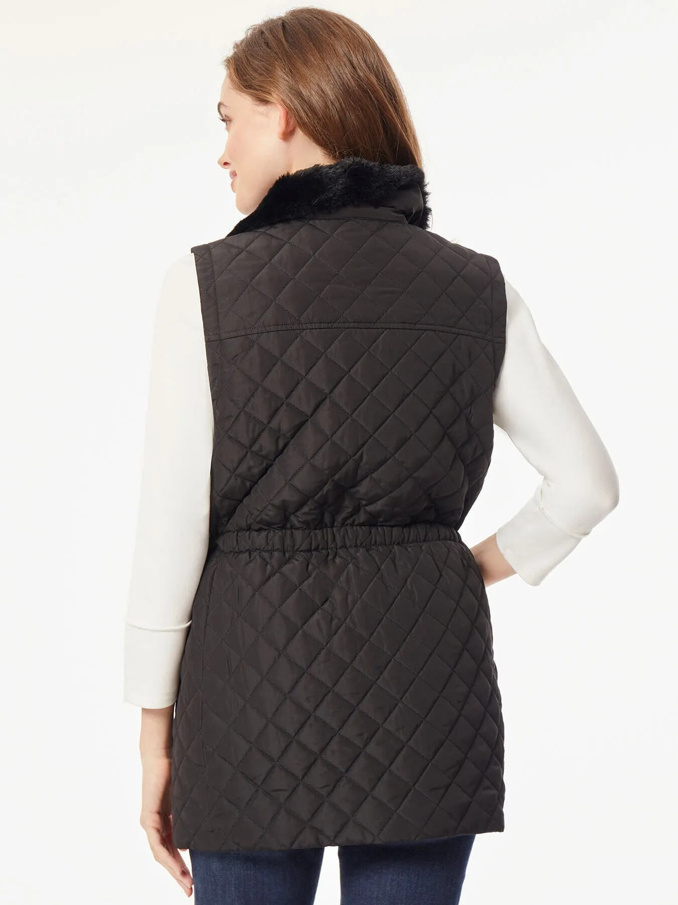 Plus Size Snap Front Quilted Fur Collar Vest