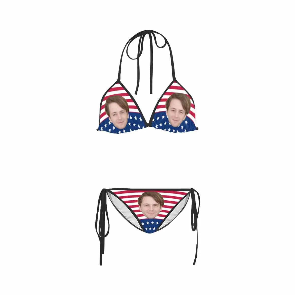 #Plus Size Triangle Bikini-Custom Face American Flag Plus Size Swimsuit String Halter Tie Side Low Waisted Triangle Bikini Plus Size Swimwear Personalized Bathing Suit Women's Two Piece Swimsuit Summer Beach Pool Outfits