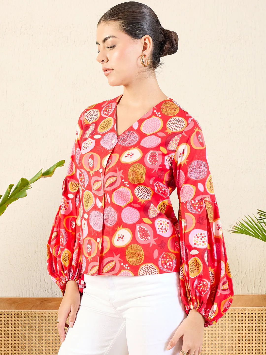 Printed Cotton Shirt with Balloon Sleeves