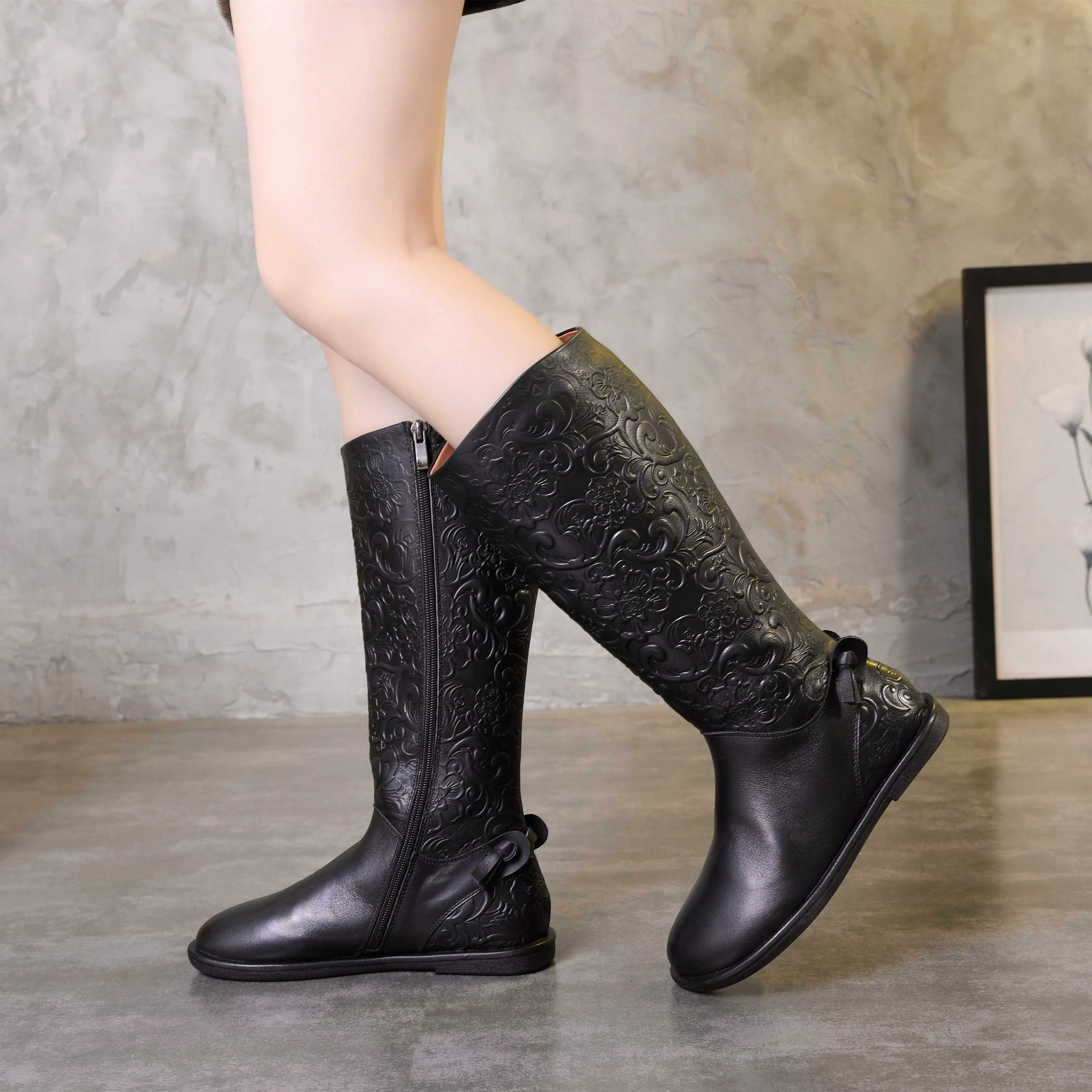 Round Toe Retro Boots Handmade Women'S Leather Knee-High Boots Soft Bottom Flat Black/Coffee/Yellow