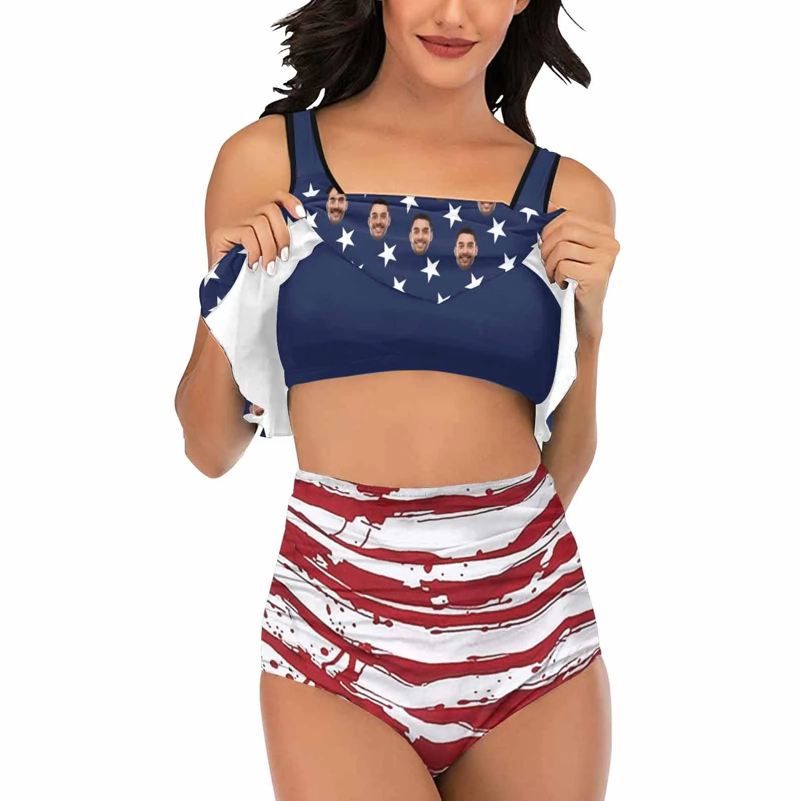 #Ruffle Tankini #4th of July #Plus Size Up 5XL Custom Face American Flag Ruffle Tankini Swimsuit Personalized Women's Two Piece Bathing Suit Summer Set Beach Pool Outfits