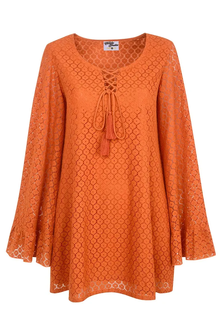 Shake n' Boogie Orange Angel Sleeve Lace Mini Dress