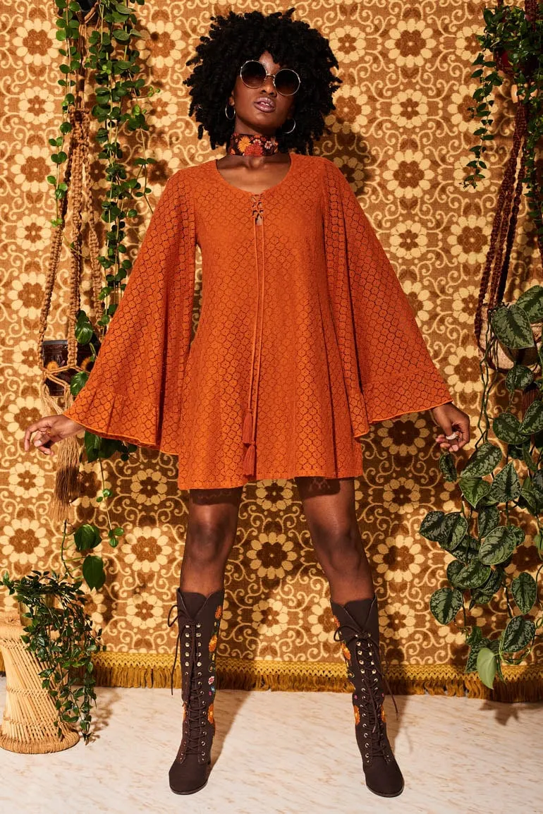 Shake n' Boogie Orange Angel Sleeve Lace Mini Dress