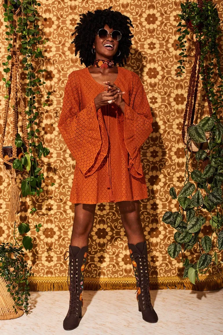 Shake n' Boogie Orange Angel Sleeve Lace Mini Dress