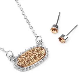 Short Length Druzy Rhinestone Oval Pendant Necklace & Stud Earring Set-  Silver Topaz Stone