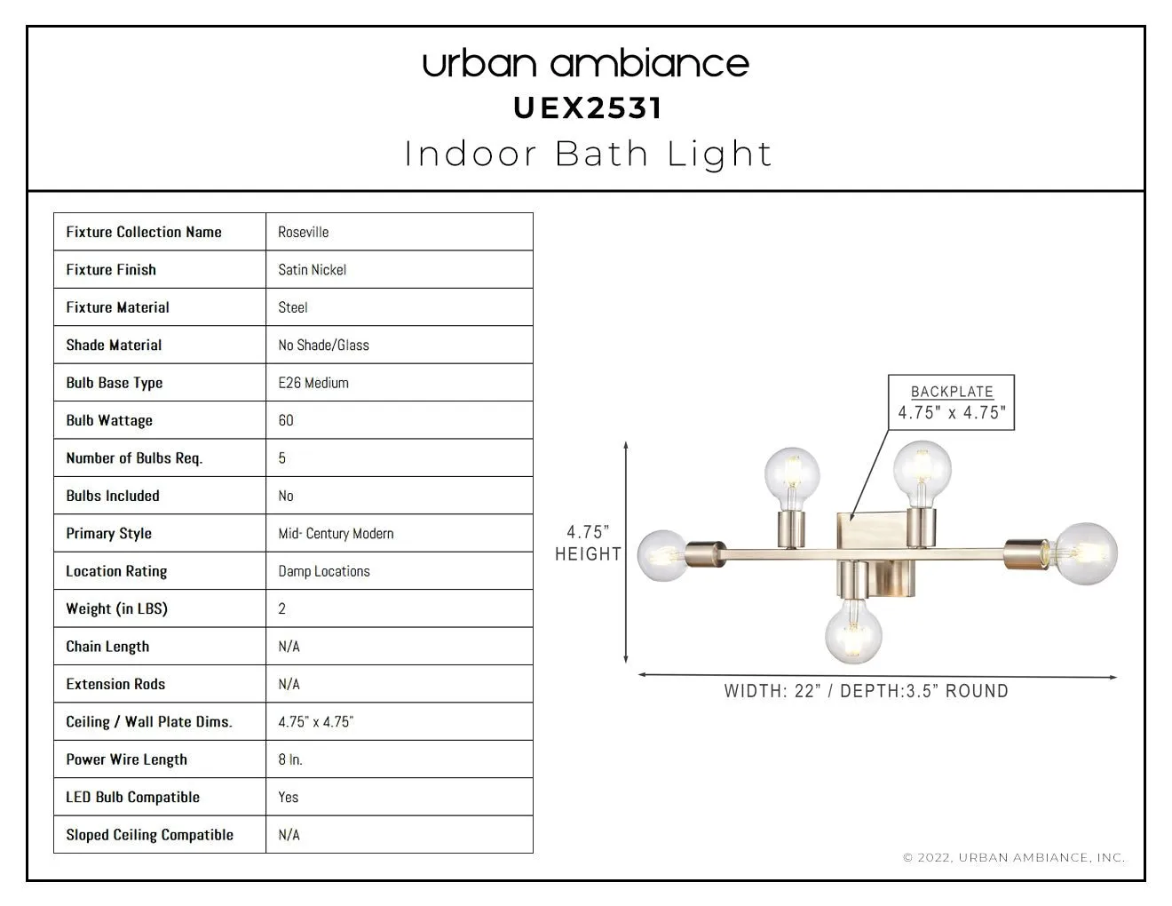 UEX2531 Mid-Century Modern Bath Light 4.75''H x 22''W, Satin Nickel Finish, Roseville Collection