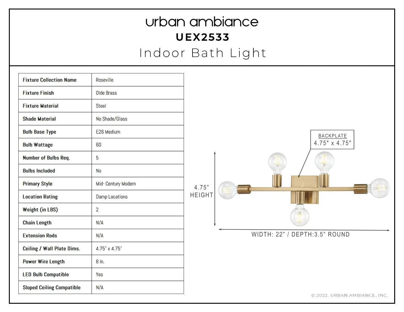 UEX2533 Mid-Century Modern Bath Light 4.75''H x 22''W, Olde Brass Finish, Roseville Collection