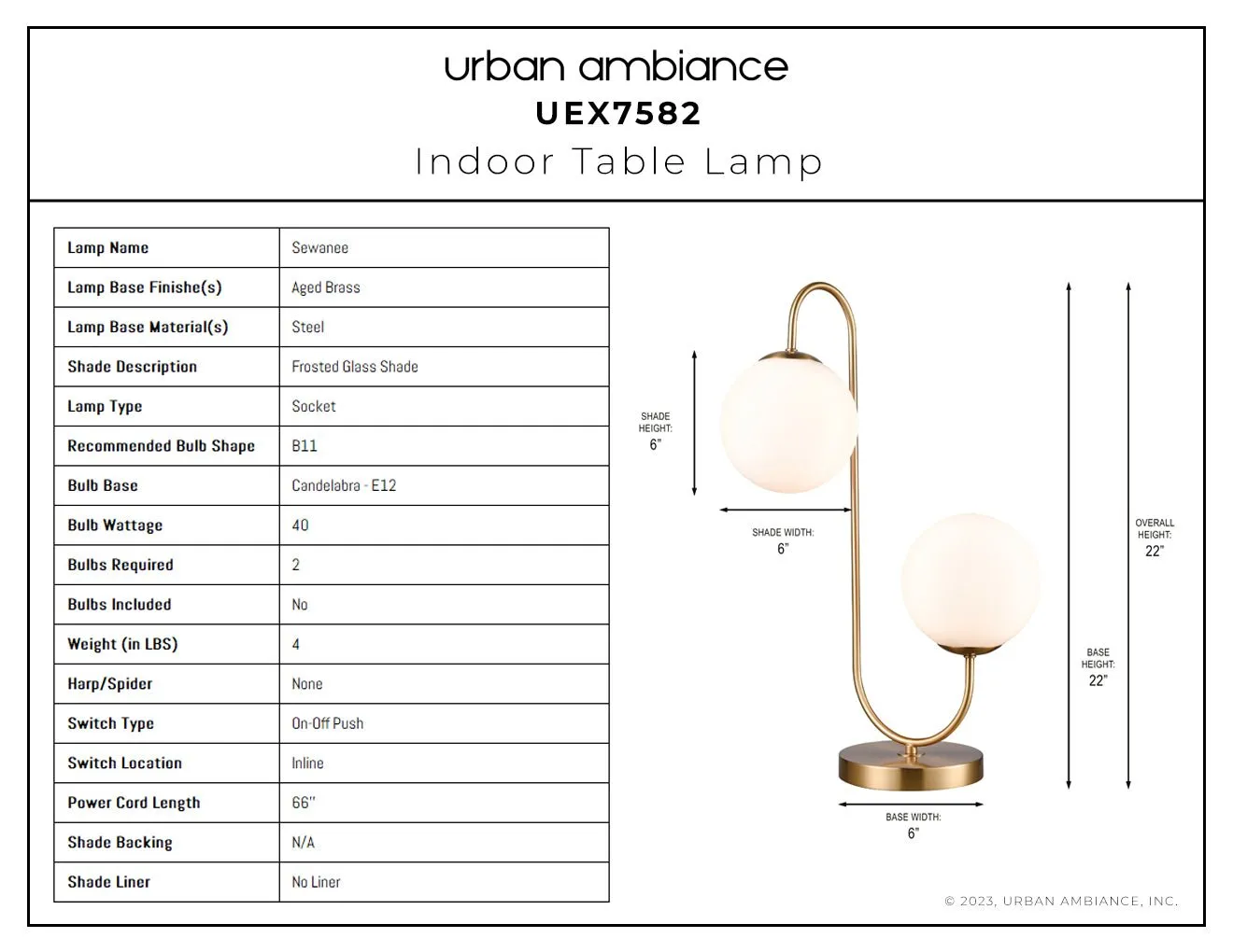 UEX7582 Mid-Century Modern Table Lamp 13''W x 10''D x 22''H, Aged Brass Finish, Sewanee Collection